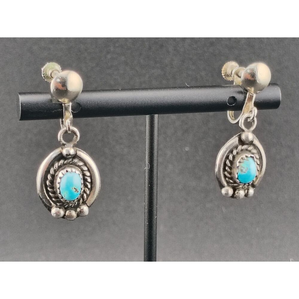 Vintage Ella Lynch Signed Navajo Sterling Silver Turquoise Drop Earrings